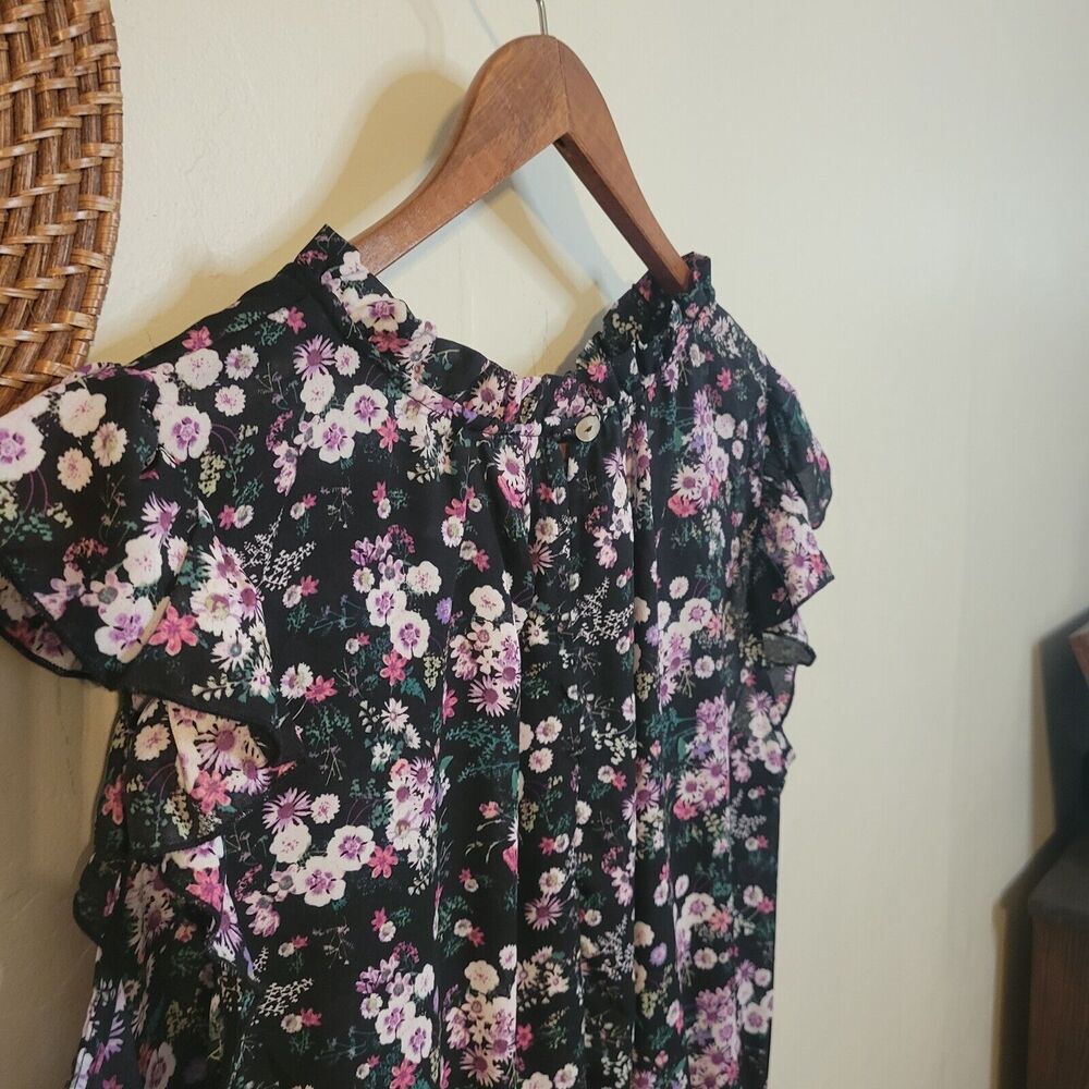 Janet Chung Peplum Floral Chiffon Top Black Purple Pink Flowers Ruffle Sleeve 2X - Picture 7 of 13